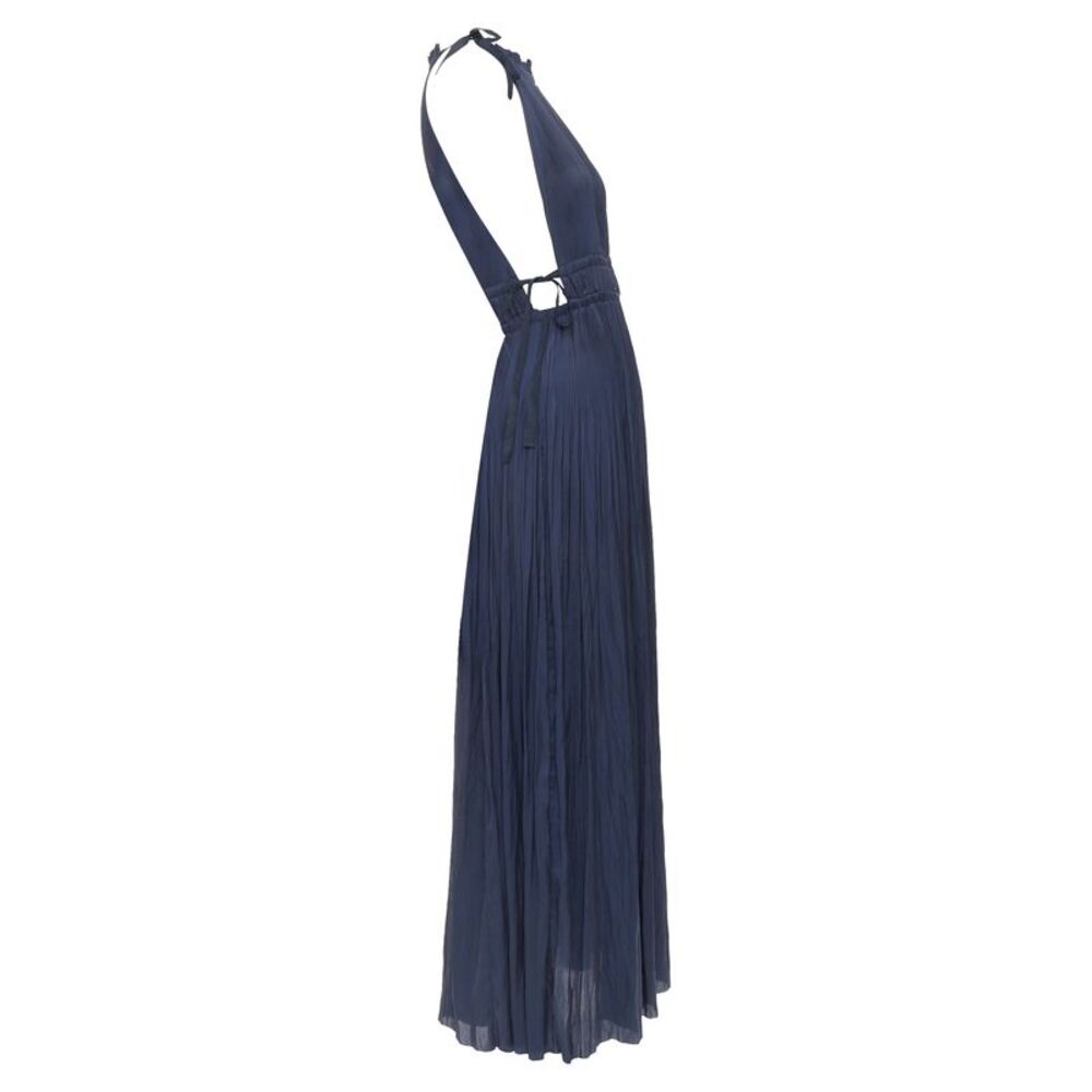 ULLA JOHNSON midnight blue pleated halter neck drawstring tie midi dress US0 XS - Picture 4 of 9